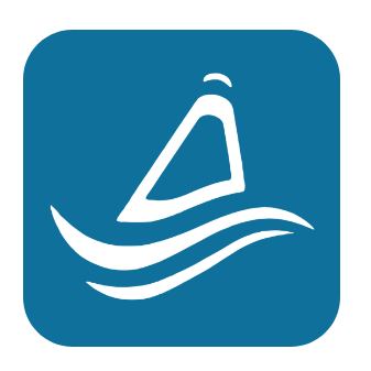 Blue logo with a white wave design on a white background